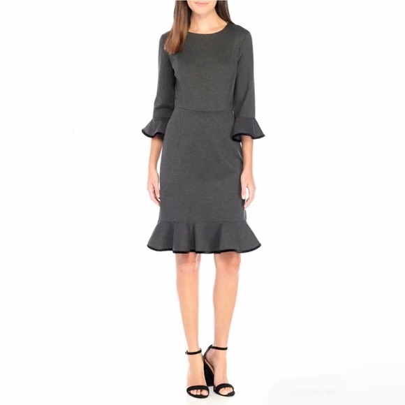 Nanette Lepore Gray Ponte Bell Sleeve Flounce Hem Velvet Trim Dress Size 10 - Picture 15 of 15